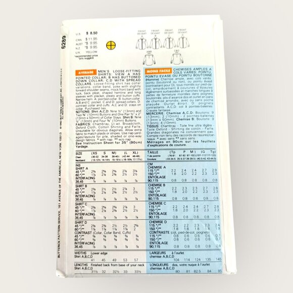 Vintage 1990s Butterick Sewing Pattern 6289 Mens Loose Fitting Shirt Size L-XL - Picture 2 of 2